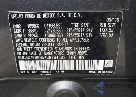 2016 Honda Hr-V Ex z USA, uszkodzony, nr VIN 3CZRU6H54GM764692